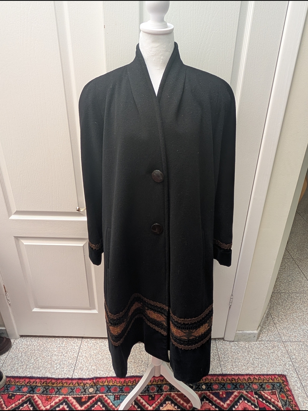 Women's Black Pea Coat with Brown Trim